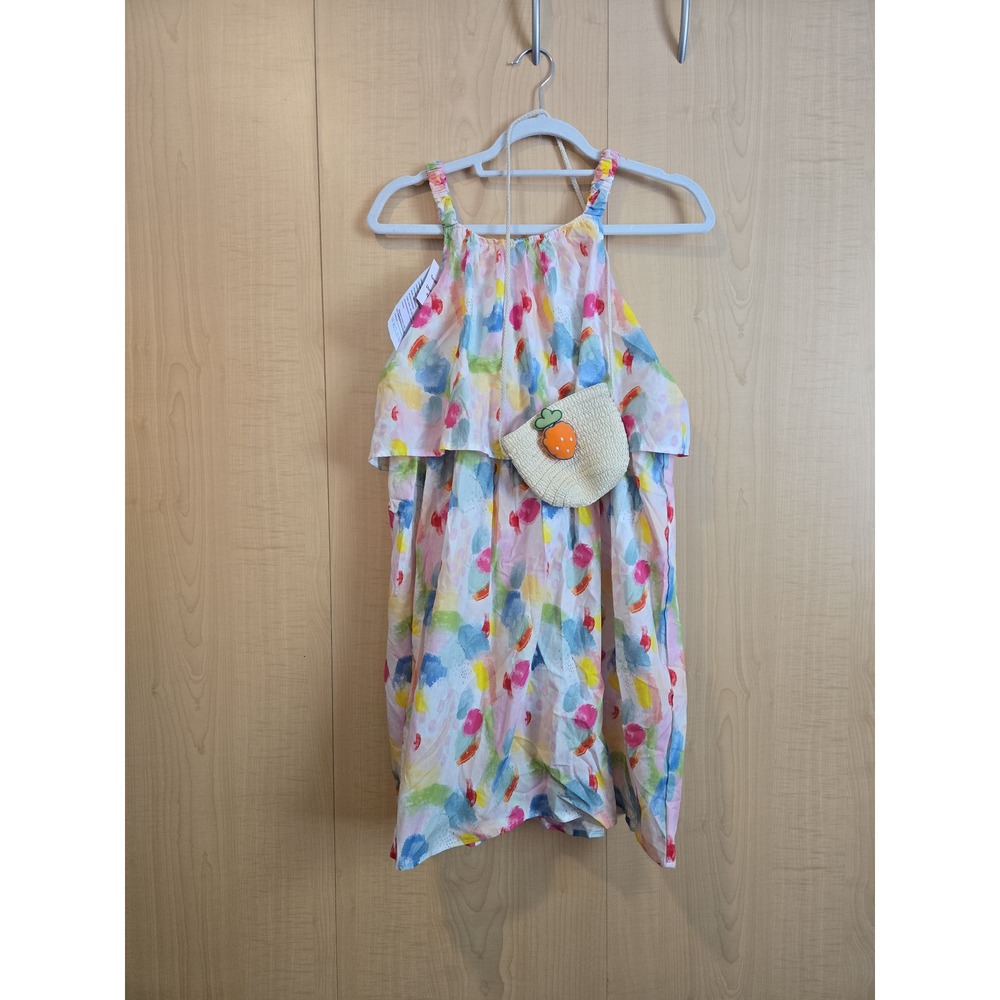 Girls Abstract Multi Color Ruffle Dress with Carrot Straw Bag NWT Size 110/120